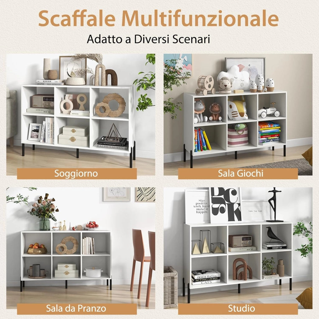Scaffale a 6 Cubi, Libreria Aperta in Legno con Gambe Metalliche, Ripiani Regolabili in 5 Posizioni, Dispositivo Antiribaltamento, Scaffale per Casa e Ufficio, 120 x 35 x 79,5 cm (Bianco)