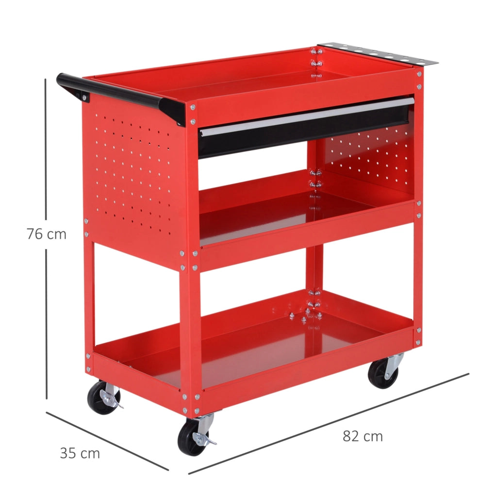 Carrello portautensili in acciaio rosso a 3 ripiani con ruote