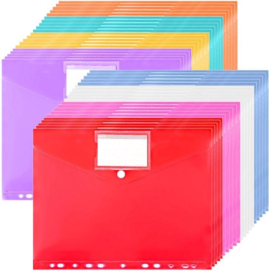 40-confezioni di archiviazione per documenti A4 con tasca, mappe per documenti A4 con foro nella fascia e spazio per etichetta, archiviazione per documenti A4 trasparente con chiusura con adesivi per 8 colori