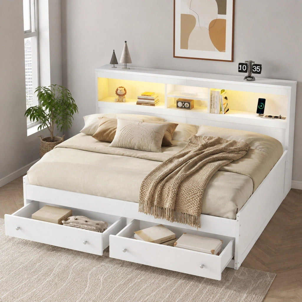 Letto da giorno 90x200 cm con LED, USB, prese e cassetti