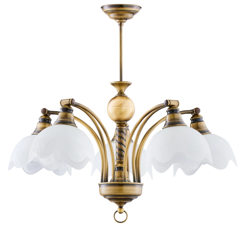 Lampadario retro ottone patinato 5xE27 vetro bianco Jupiter