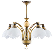 Lampadario retro ottone patinato 5xE27 vetro bianco Jupiter