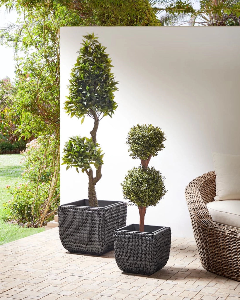 Set di 2 vasi per piante nero PE Rattan rotondo per interni e per esterni con inserto in plastica