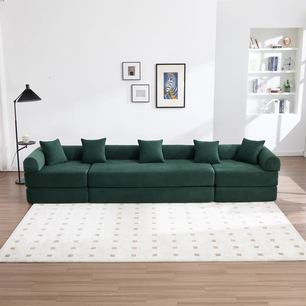 Divano modulare convertibile con tasca laterale, in velluto a coste, Verde Smeraldo, 270 × 180 × 64 cm