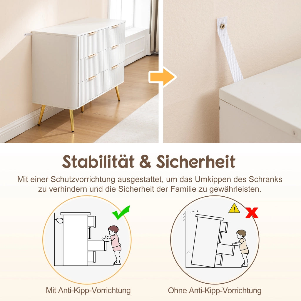 Cassettiera con 6 cassetti e guide ammortizzate, maniglie in metallo, per camera da letto, bianco, 105 × 40 × 80 cm