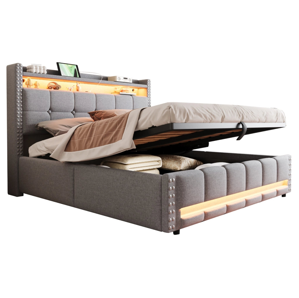 Letto matrimoniale imbottito 160x200 cm con LED; USB e contenitore; grigio chiaro in tessuto di lino
