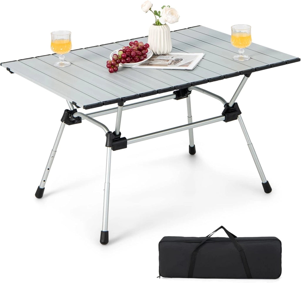Tavolo da Campeggio Pieghevole in Alluminio, Altezza Regolabile a 4 Livelli, Tavolo da Picnic con Borsa, Peso Netto 4 kg，Tavolino da Esterno e Interno Portatile, 90x60,5x52 cm (argento)