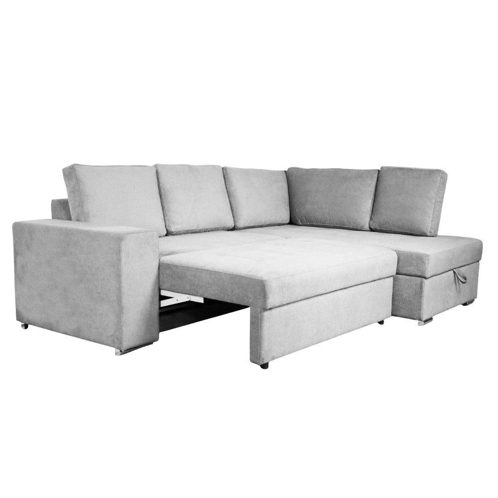 Divano letto angolare Bali con penisola contenitore in tessuto grigio chiaro 248x176x92H