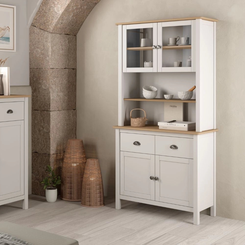 Credenza alta con vetrina Misti in legno massiccio bianco e rovere – 4 ante, 2 cassetti 90x40x180H