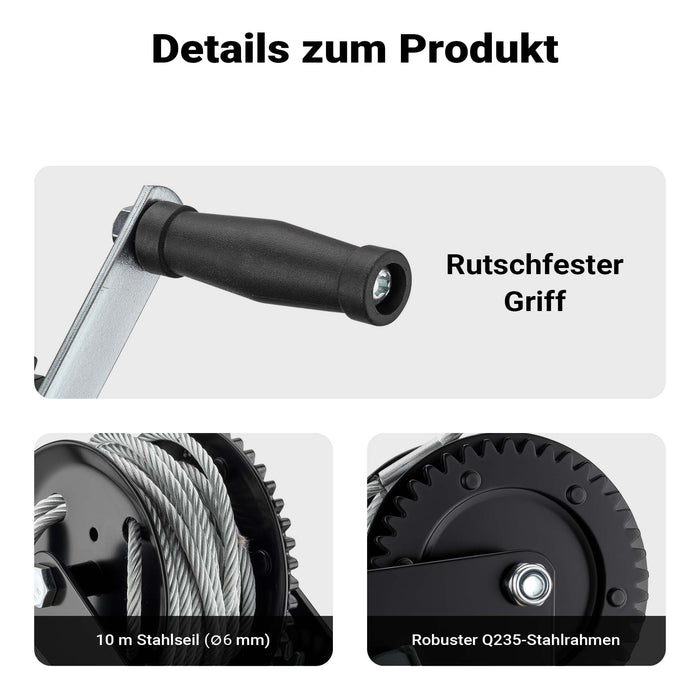 Argano manuale 1500kg fune 10m trasmissione 4:1 8:1 verricello