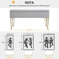 Panca Fondo Letto con Contenitore in Tessuto e Gambe in Acciaio, 100x40x49 cm, Grigio Chiaro