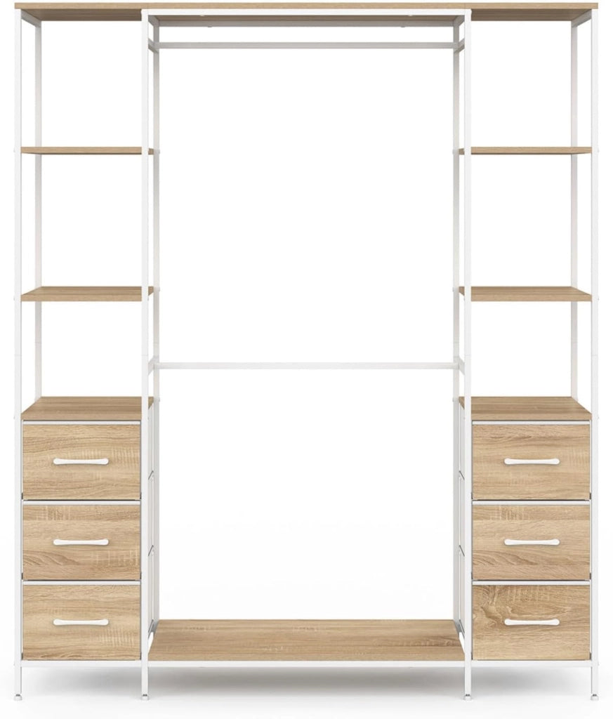 Armadio doppio UTAH + colonna doppia L. 140 cm con 6 ripiani e 6 cestini in legno e tessuto bianco