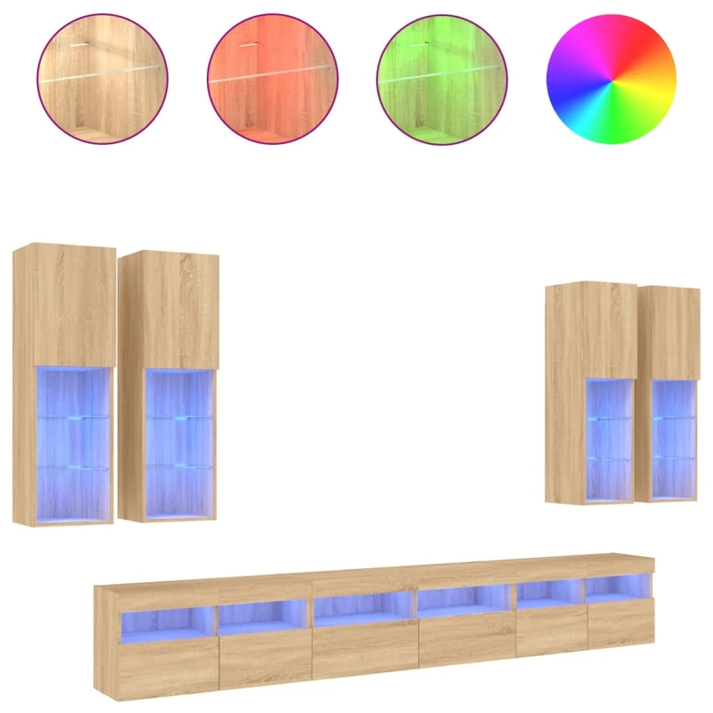 Set di mobili credenza TV soggiorno camera da letto parete soggiorno x 7 pezzi e luci LED rovere sonoma marrone 02_0025375