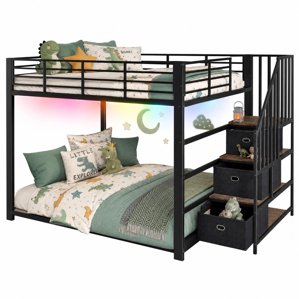 Letto a castello 140x200 cm in metallo e MDF con scala contenitore; LED e prese; nero