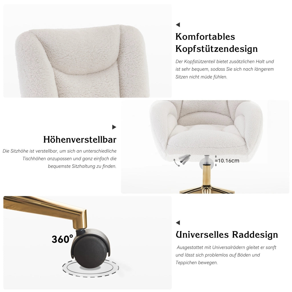 sedia da ufficio girevole regolabile in altezza con ruote e schienale ergonomico in tessuto teddy bianco 64 Ã— 62 Ã— 92.5 cm
