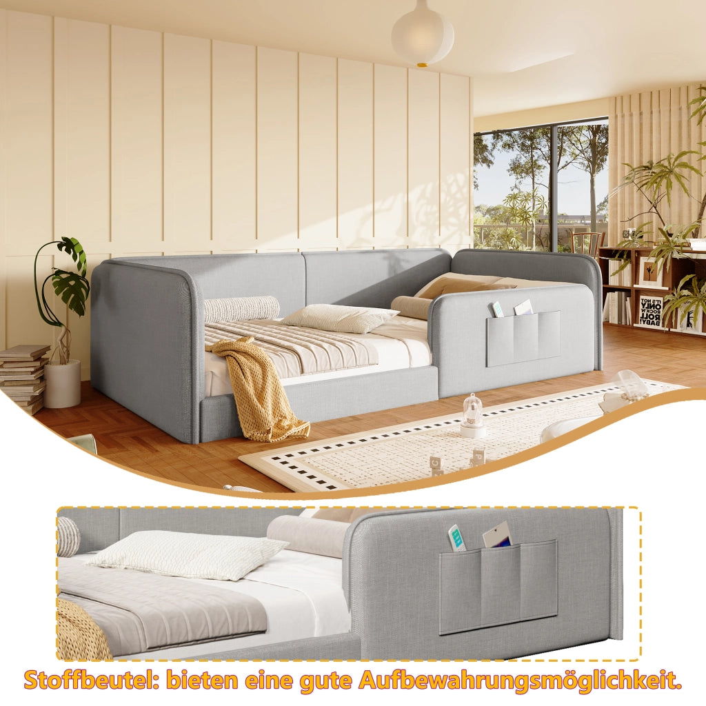 LETTO 90x200 cm in Lino Grigio con tasche laterali