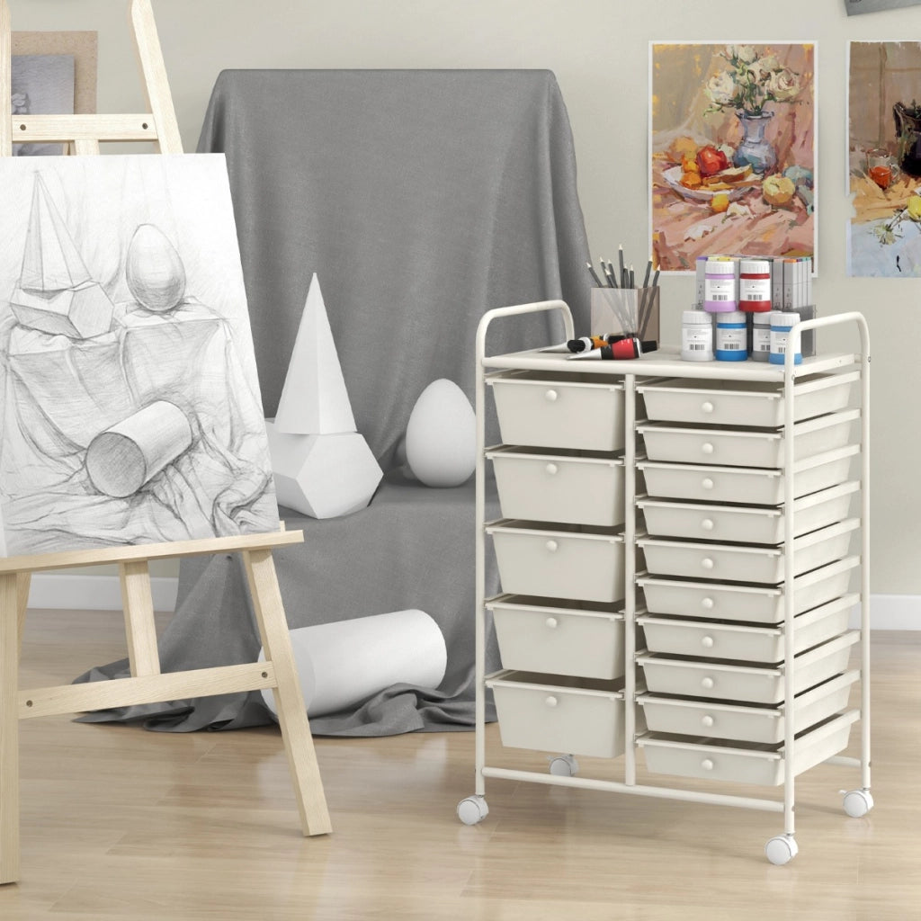Carrello con 15 cassetti estraibili e ruote con freno-Scaffale-Carrello multiuso per casa ufficio scuola Bianco
