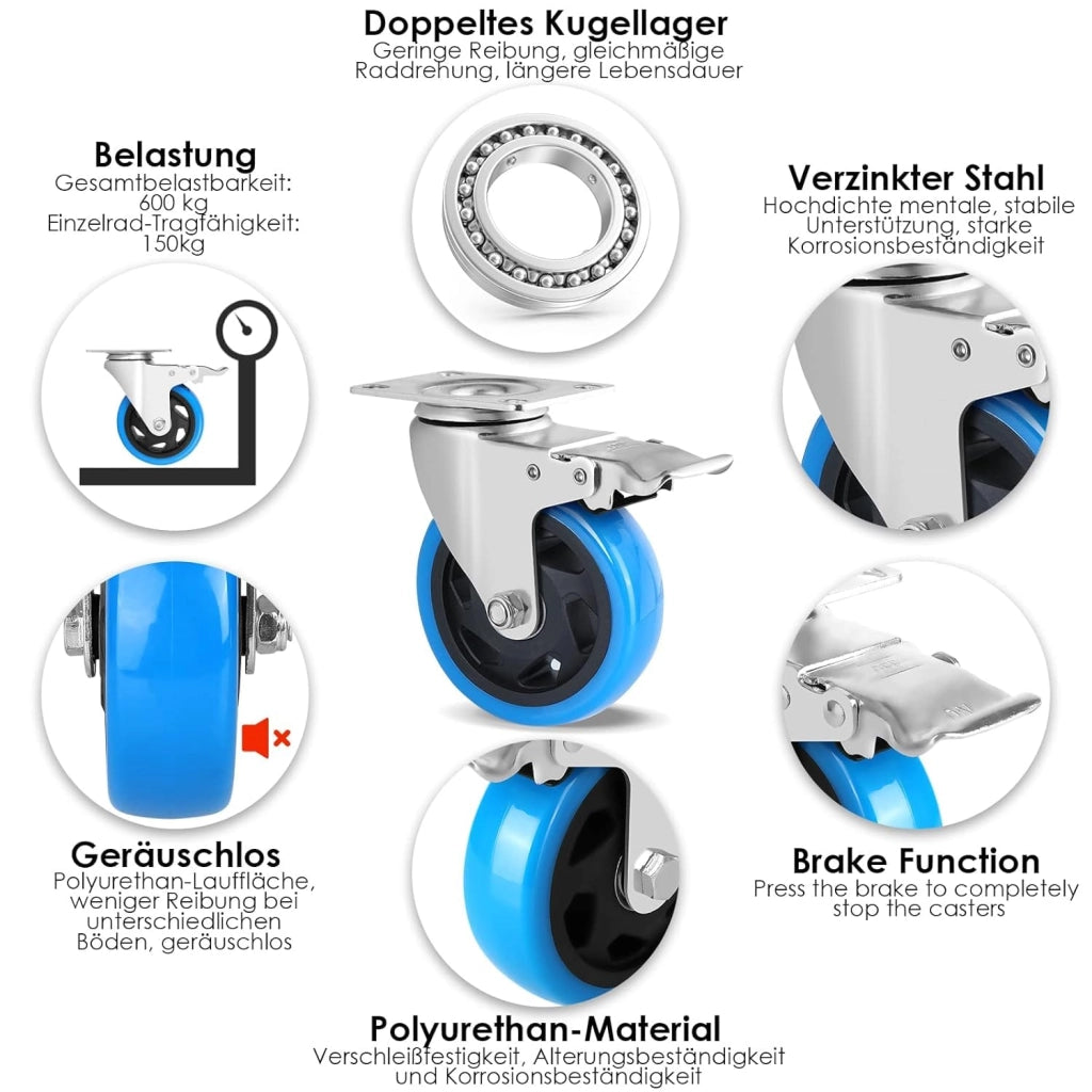 Ruote per Mobili 125/100 mm, Rotelle Pesanti con 4 Freno, Capacità 1200 kg, Ruote Girevoli a 360°, per Spostare Mobili Piccole, Trasporto di Mobili Industriale e Logistica, Set di 8 (Azul, 100 mm)