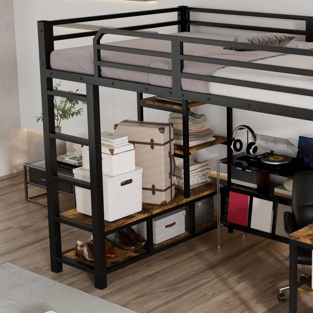 LETTO a soppalco 120x200 cm con scrivania integrata, nero e noce scuro