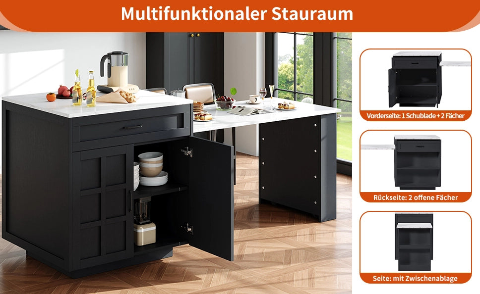 Tavolo Bar Estensibile con Ripiani e Cassetti, Cucina Isola da 133 a 202 cm, MDF Nero, Per 2-6 Persone