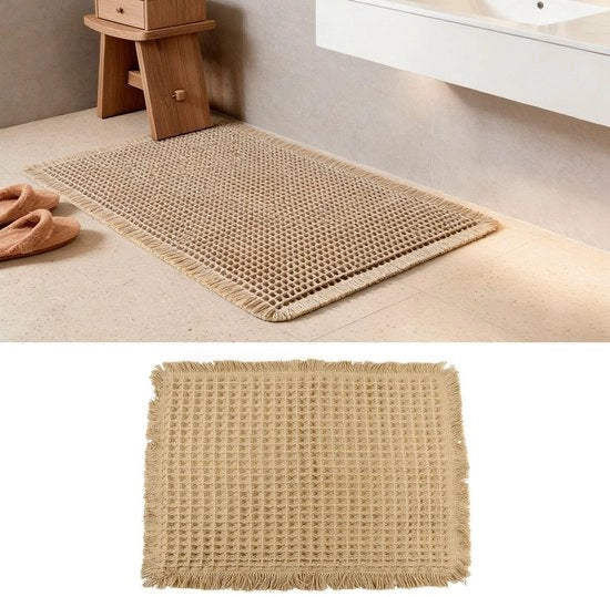 Matrice Antiscivolo per Bagno - Microfibra - 63 x 41 cm - Disegno a Wafel - Leggero - Lavabile - Frange Boho - Matrice per Bagno