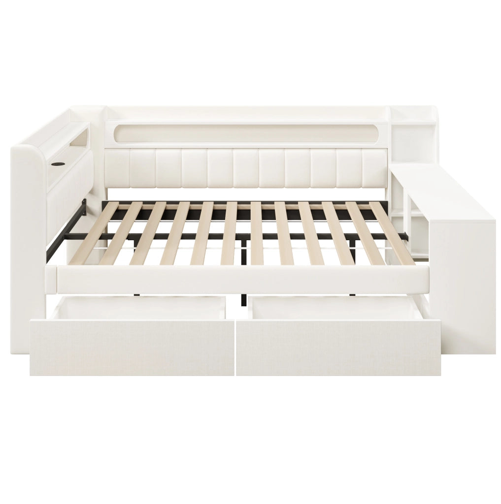Letto da giorno imbottito 140x200 cm con scrivania; LED; USB e 2 cassetti; bianco