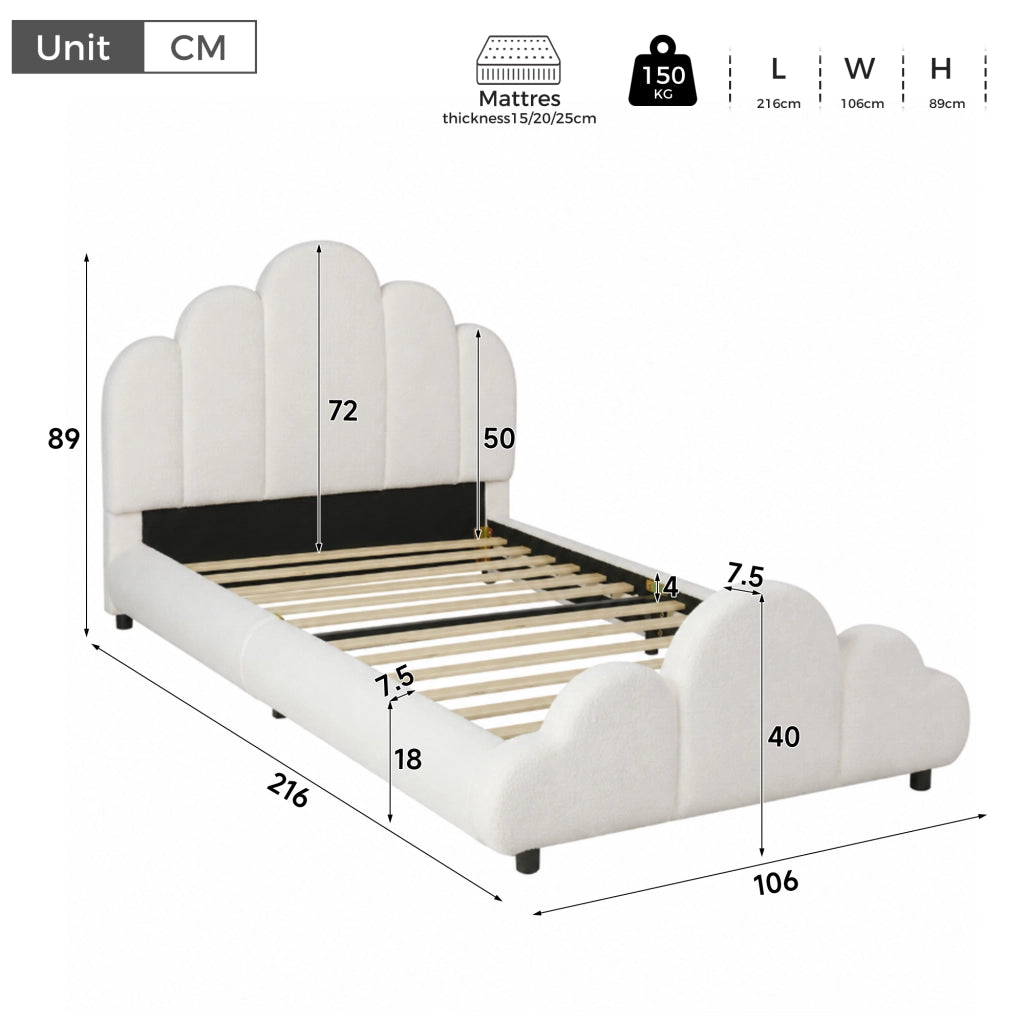 Letto singolo 90x200 cm in bouclé beige, con testiera imbottita, angoli arrotondati e rete inclusa