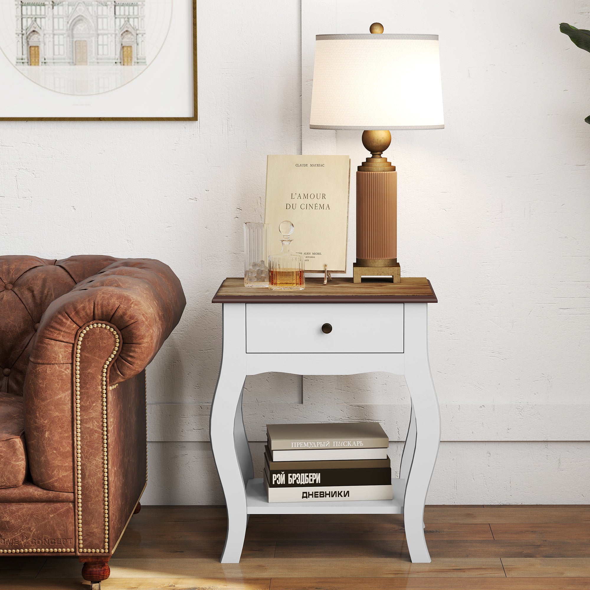 Comodino in Stile Francese con Cassetto 45x35x55 cm in MDF Bianco e Rovere