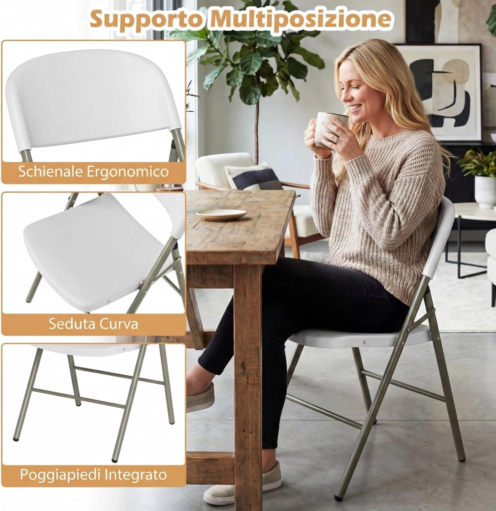Set da 6 Sedie Pieghevoli in Plastica, Sedie Pieghevoli con Schienale e Struttura in Metallo, Sedie da Pranzo Portatili per Matrimonio e Festa, Portata 150 kg (Bianco)