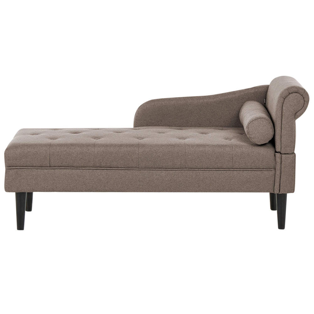 Chaise longue destra in tessuto tortora imbottita con cuscino facile da pulire, gambe in legno, soggiorno moderno