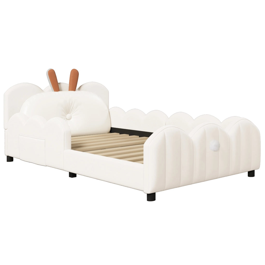 Letto con Sponde; Letto Singolo 90 x 200 cm con Testiera Imbottita e Cuscino; senza Materasso; Beige