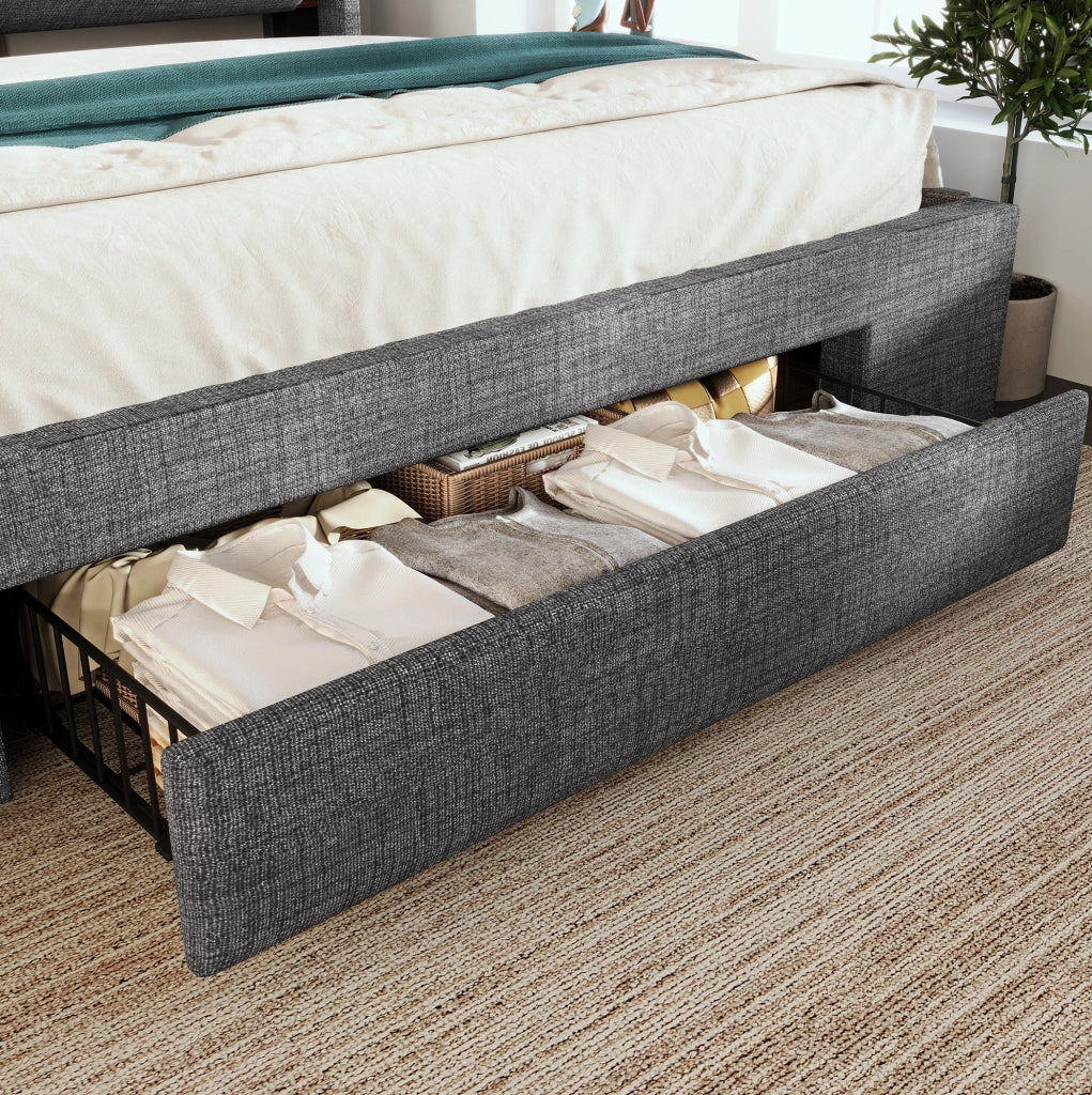 Letto imbottito 140x200 cm con contenitore idraulico; LED; USB e USB-C; lino grigio