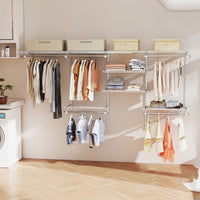Sistema di organizzazione e stoccaggio armadi con asta pendente, Scaffali e aste per armadio a parete per camera da letto Bianco-Appendiabiti