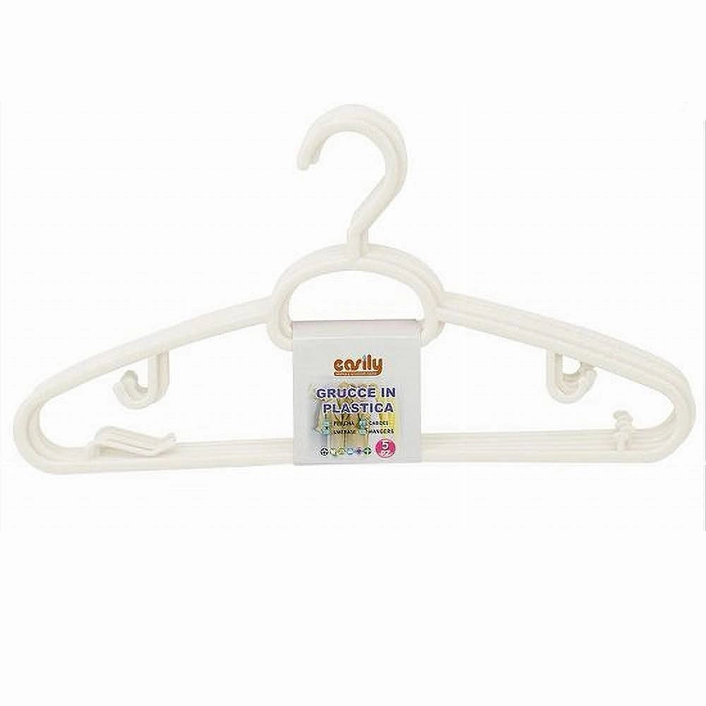 Trade Shop - Set 5pz Grucce In Plastica Stampelle Appendiabito Pantaloni Giacche Bianco 79324 -
