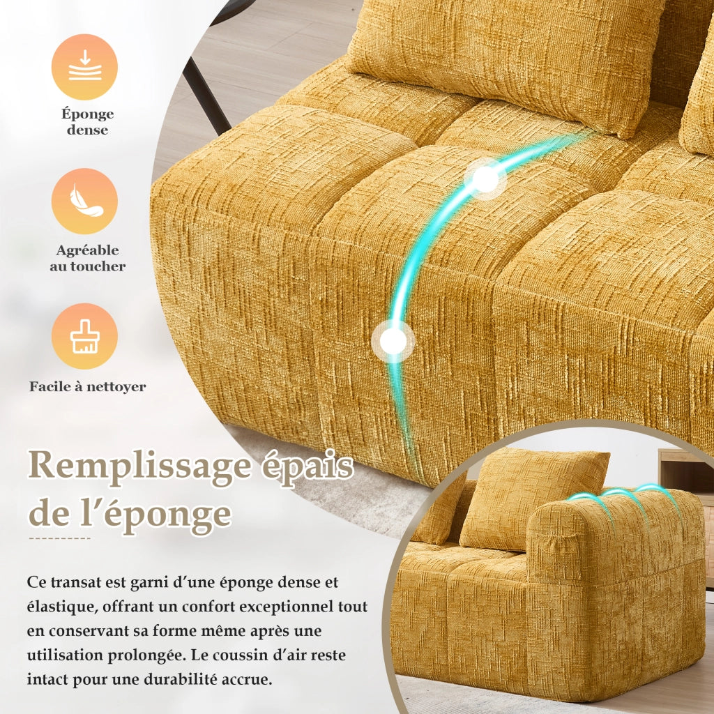OKWISH Divano 2 Posti, Seduta Morbida con Tasche Laterali e Cuscino Incluso, Stile Chaise Longue, Ciniglia, Giallo