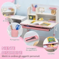 Set Scrivania e Sedia per Bambini da 3 Anni Regolabile, Tavolo Inclinabile a 60° con Cassetto e Ripiani, Rosa