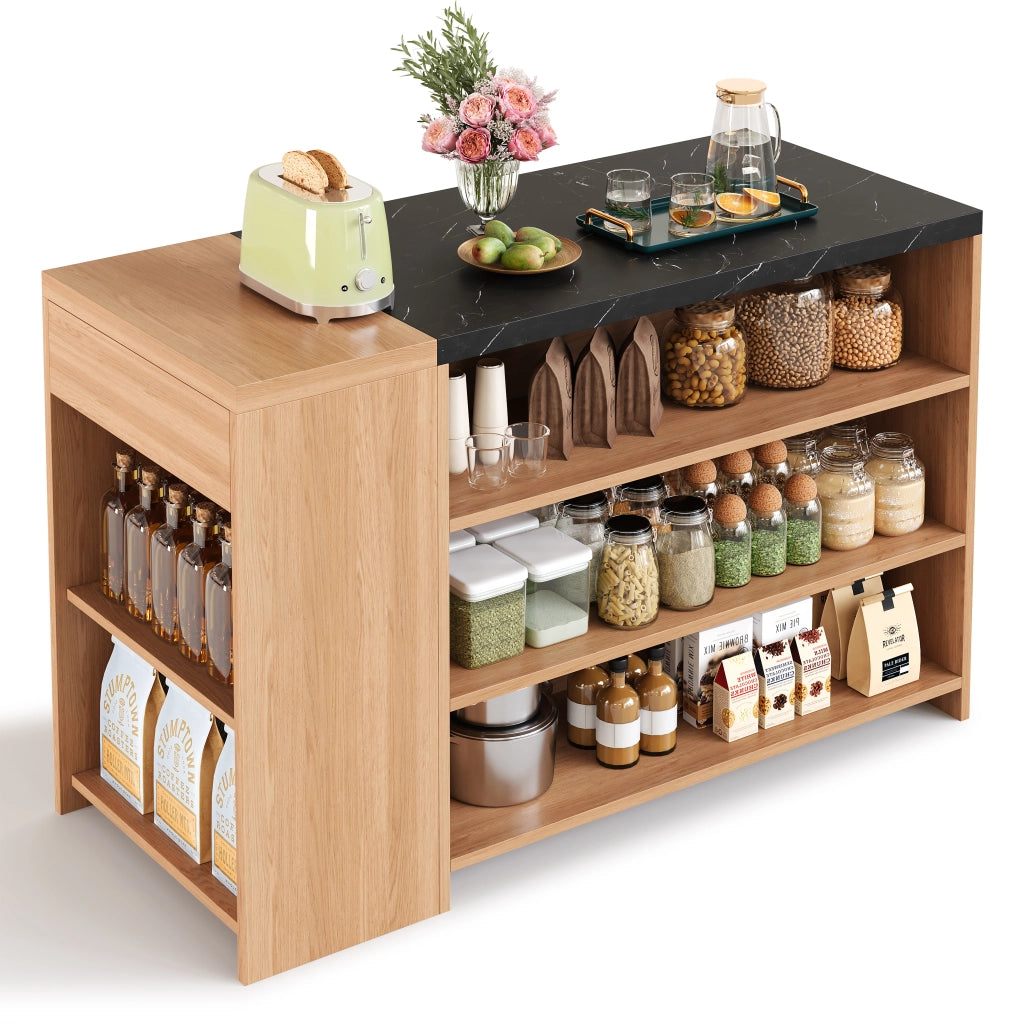 Isola cucina con bancone, 5 livelli di spazio, cassetto nascosto, effetto marmo nero e rovere, 140x60x90 cm