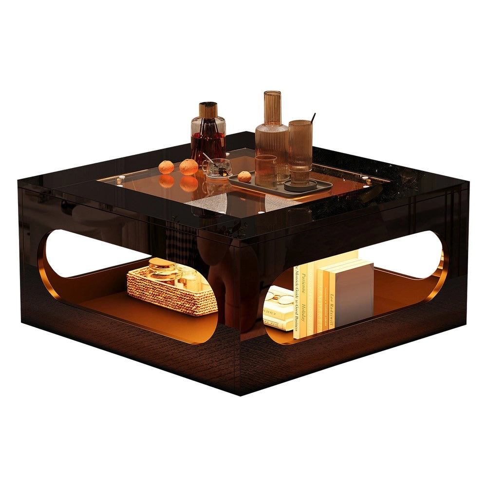 Tavolino da Salotto Quadrato con Piano in Vetro Temperato e LED ¨C MINIMAL ¨C Nero, MDF, 70x70x35