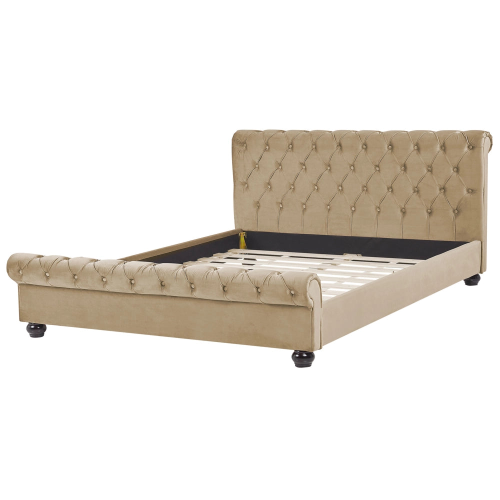 Letto Rivestimento in velluto beige Gambe in legno Nero 160 x 200 cm capitonnè Glam