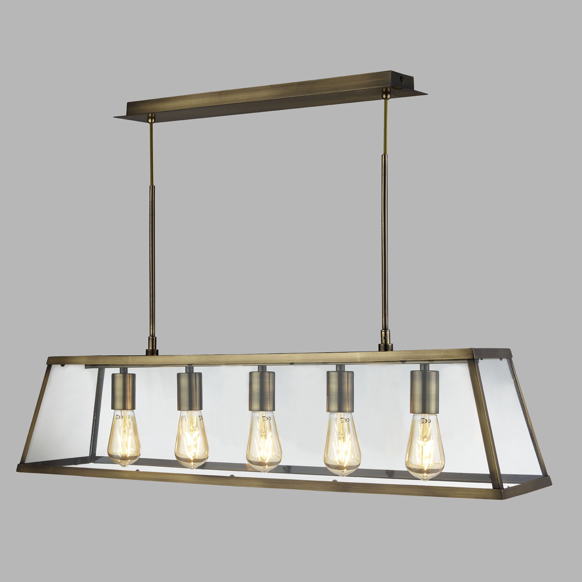 Lampadario Contemporaneo Viaggiatore Acciaio Ottone Vetro Trasparente 5 Luci E27