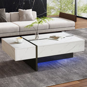 Tavolino da caffè moderno bianco 105 x 60 x 35 cm con LED; 3 cassetti e piano effetto marmo