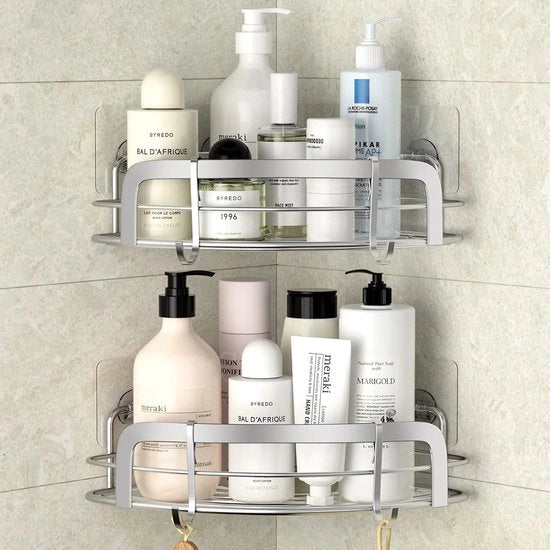 Caddy per doccia a 2 livelli per angolo, pannelli senza perforazione per la doccia e la stanza da bagno con 4 ganci, contenitore per doccia in acciaio inossidabile SUS304, scomparto per shampoo.