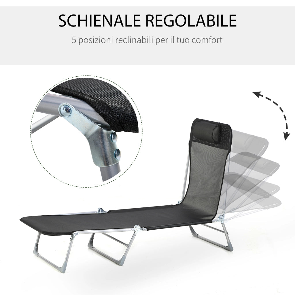 Sdraio da Giardino Pieghevole con Schienale Reclinabile e Cuscino, in Metallo e Texteline, 182x56x28 cm, Nero