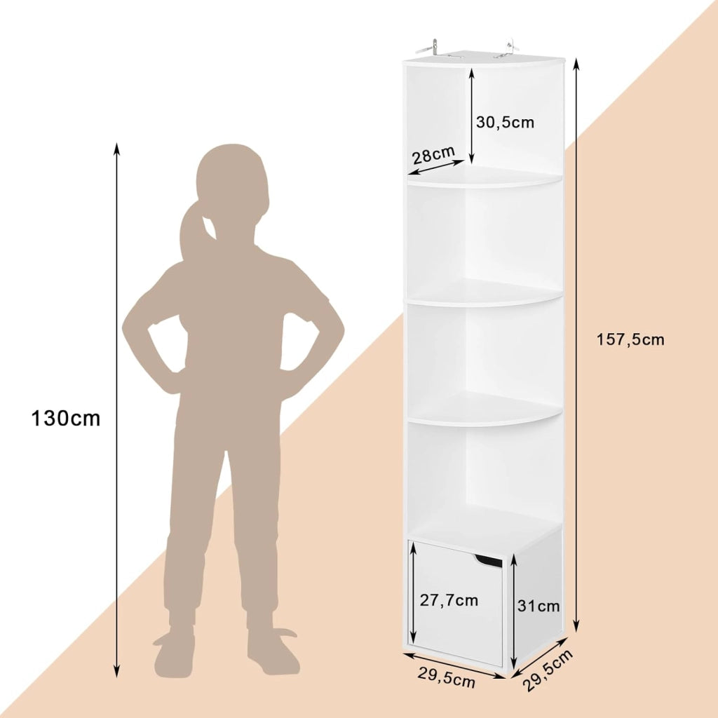 Scaffale Libreria Autoportante a 5 Ripiani, Libreria ad Angolo con Armadietto con Anta, Bianca, Legno, per Studio, Ufficio, Soggiorno, 29,5x29,5x158cm, SK038ws