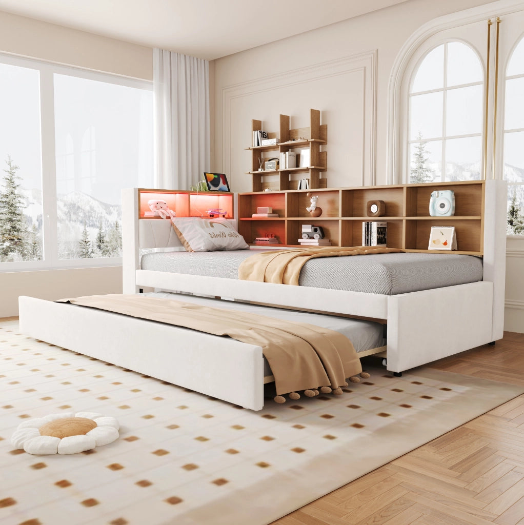 Divano letto multifunzionale con LED, prese e ampio spazio contenitivo