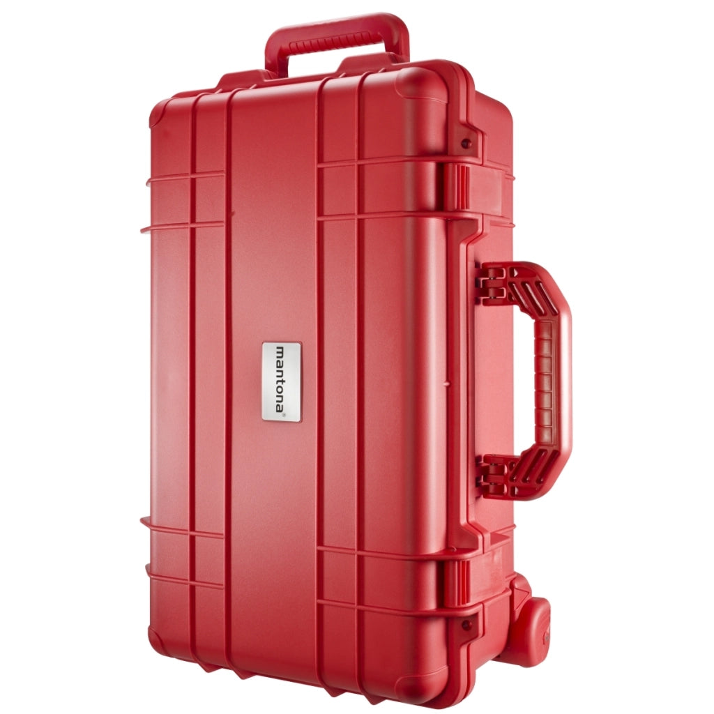 Mantona Outdoor Trolley fotografico rosso, impermeabile, antiurto, antipolvere e impilabile, Valigia rigida imbottita in schiuma, per attrezzature fotografi e oggetti di valore