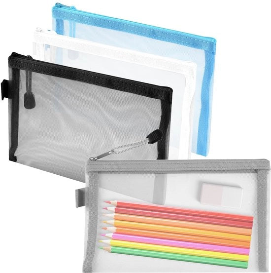 Set da 4 etui in trasparente nylon, contenitore in gasa per matite, 20 x 12 cm