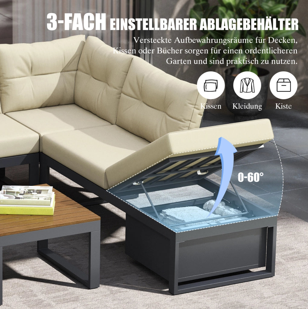 Set divano da esterno modulare beige con schienale regolabile e contenitore
