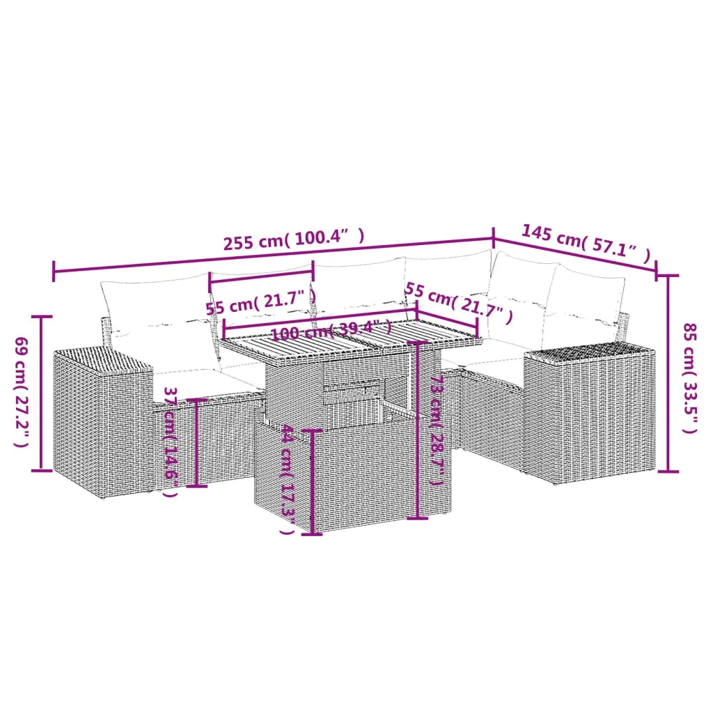 Set Divano da Giardino 6 pz con Cuscini Nero in Polyrattan 3272624