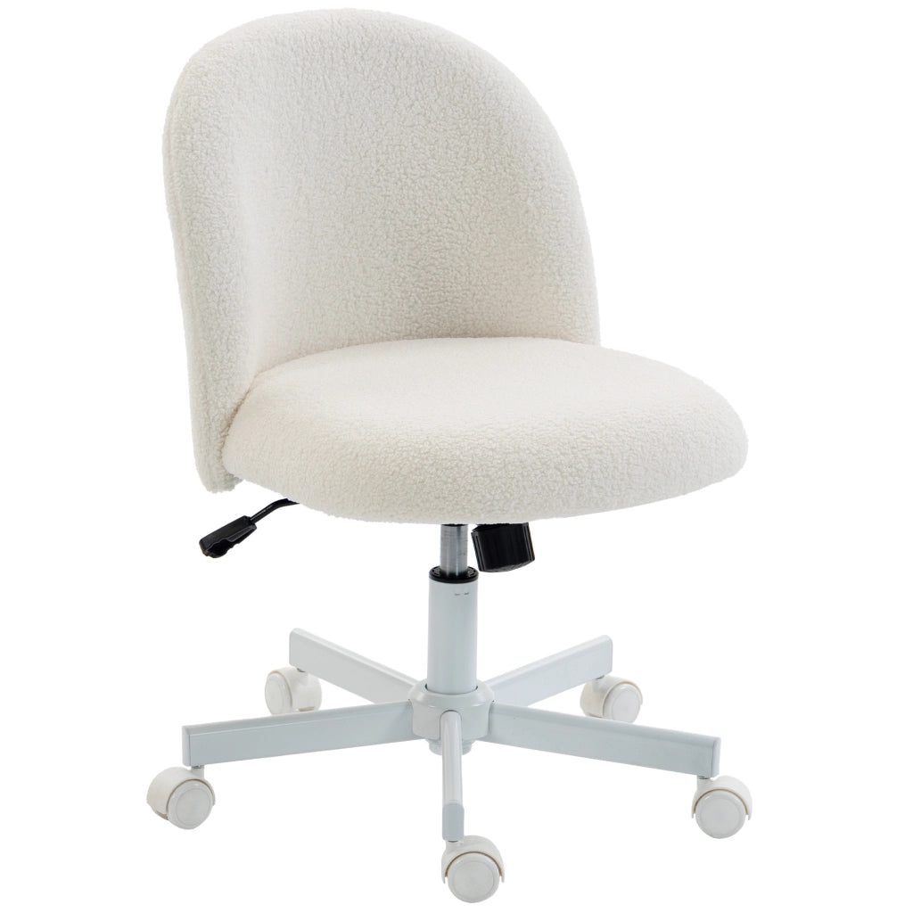 Sedia da scrivania girevole in tessuto sherpa senza braccioli, inclinabile e altezza regolabile 43-53 cm, crema
